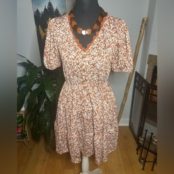 Blu Pepper Dresses & Skirts - Blu Pepper Women’s Floral Short puff Sleeve S Dress boho babydoll burnt orange